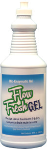 Flow Fresh™ Bio-Enzymatic Gel is made to cling to the inside of your urinal, commode, or drain and is extremely effective at breaking down and digesting organic material such as urine, blood, vomit, and more.